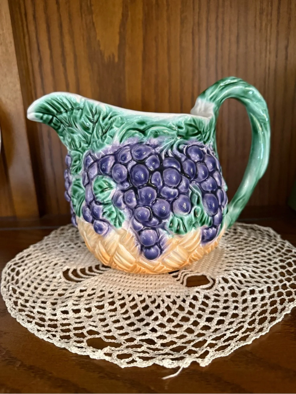 Hand-Painted Grape Ceramic Pitcher in Green, Purple and Tan